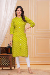 Greenish Yellow Cotton Long Kurta for Women – Bright, Breezy & Perfect for Everyday Wear